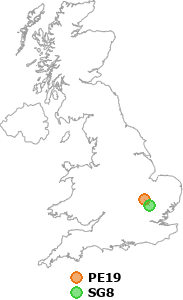 map showing distance between PE19 and SG8