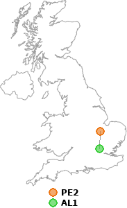 map showing distance between PE2 and AL1