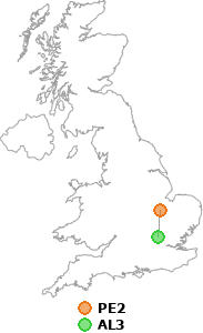 map showing distance between PE2 and AL3