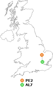 map showing distance between PE2 and AL7