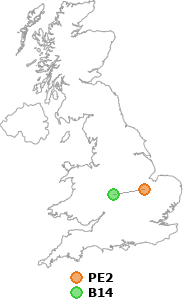 map showing distance between PE2 and B14