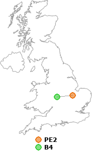 map showing distance between PE2 and B4