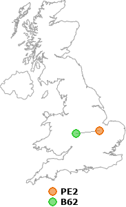 map showing distance between PE2 and B62