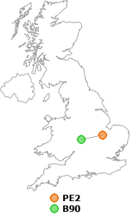 map showing distance between PE2 and B90