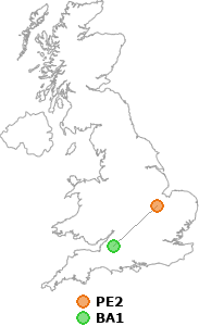 map showing distance between PE2 and BA1