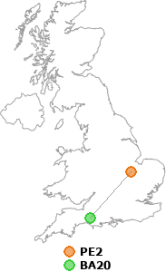 map showing distance between PE2 and BA20