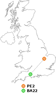 map showing distance between PE2 and BA22