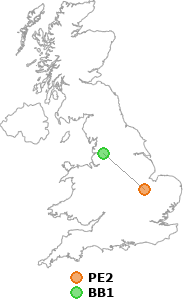 map showing distance between PE2 and BB1