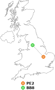 map showing distance between PE2 and BB8