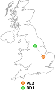 map showing distance between PE2 and BD1