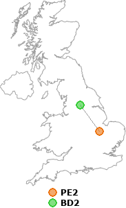 map showing distance between PE2 and BD2