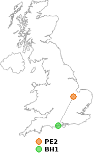 map showing distance between PE2 and BH1