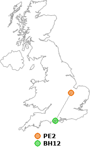 map showing distance between PE2 and BH12