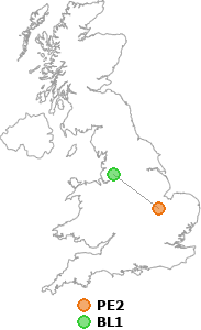 map showing distance between PE2 and BL1