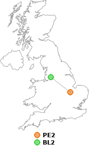 map showing distance between PE2 and BL2