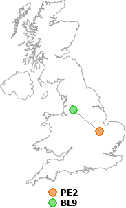 map showing distance between PE2 and BL9