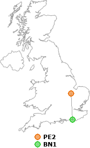 map showing distance between PE2 and BN1