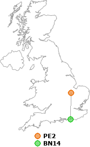 map showing distance between PE2 and BN14