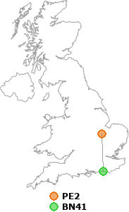 map showing distance between PE2 and BN41