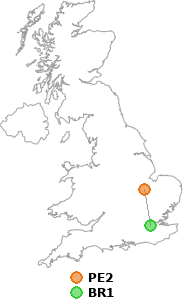 map showing distance between PE2 and BR1