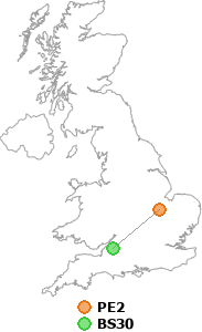 map showing distance between PE2 and BS30