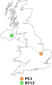 map showing distance between PE2 and BT12