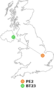 map showing distance between PE2 and BT23