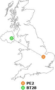 map showing distance between PE2 and BT28