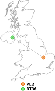 map showing distance between PE2 and BT36