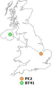 map showing distance between PE2 and BT41