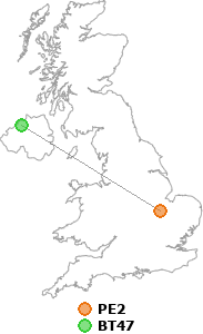 map showing distance between PE2 and BT47