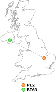 map showing distance between PE2 and BT63