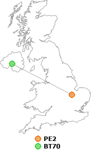 map showing distance between PE2 and BT70