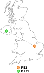 map showing distance between PE2 and BT71