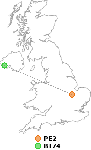 map showing distance between PE2 and BT74