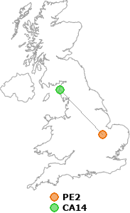 map showing distance between PE2 and CA14