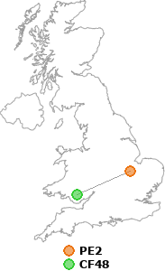 map showing distance between PE2 and CF48