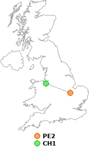 map showing distance between PE2 and CH1