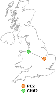 map showing distance between PE2 and CH62