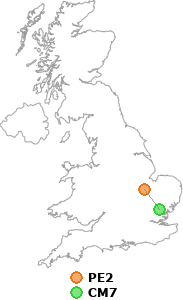 map showing distance between PE2 and CM7