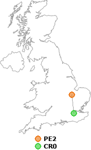 map showing distance between PE2 and CR0