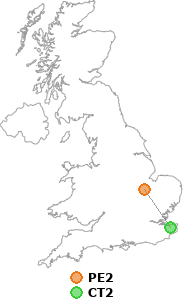 map showing distance between PE2 and CT2