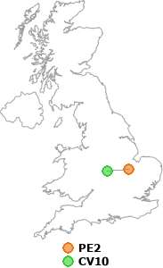 map showing distance between PE2 and CV10