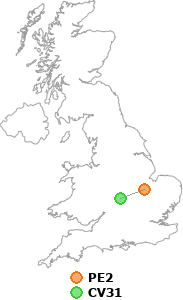 map showing distance between PE2 and CV31