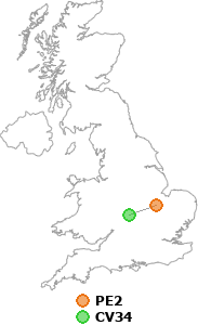 map showing distance between PE2 and CV34