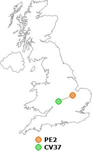 map showing distance between PE2 and CV37