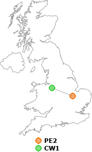 map showing distance between PE2 and CW1