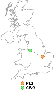 map showing distance between PE2 and CW9