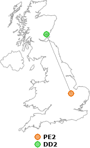 map showing distance between PE2 and DD2