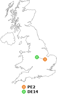 map showing distance between PE2 and DE14